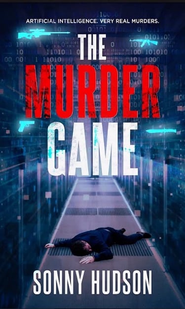 a man laying on a floor with a computer screen showing the words, the murder