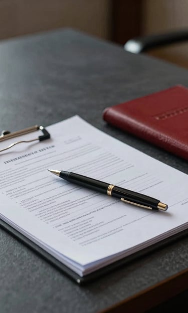 An investigative documentary photo set in a quiet Levant office in Beirut. A dark slate desk holding an open folder with printed evidence files, a pen, and a confidential ledger. Subtle crimson red lighting highlights the dark slate gray background, emphasizing gravity, transparency, and journalistic accountability. Cinematic editorial style with sharp depth of field.