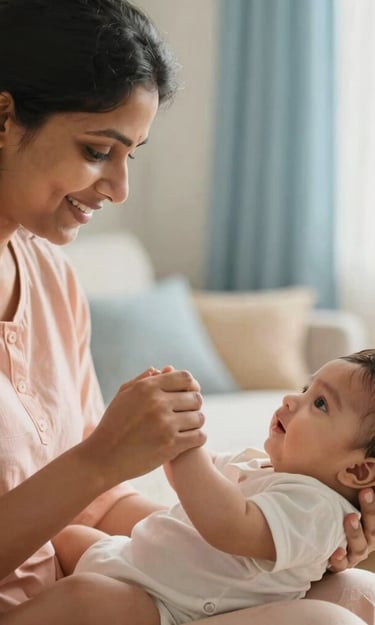 A soft, natural light photograph of a young South Asian / Indian mother gently holding her baby's tiny hand in a cozy, sunlit living room. Soft pastel peach and warm pale blue hues dominate the background. A calm, clean, and nurturing atmosphere capturing a tender moment of modern parenting.