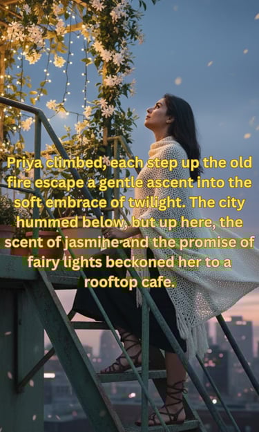 Rooftop romance ascent. Priya's visual love story beginning.