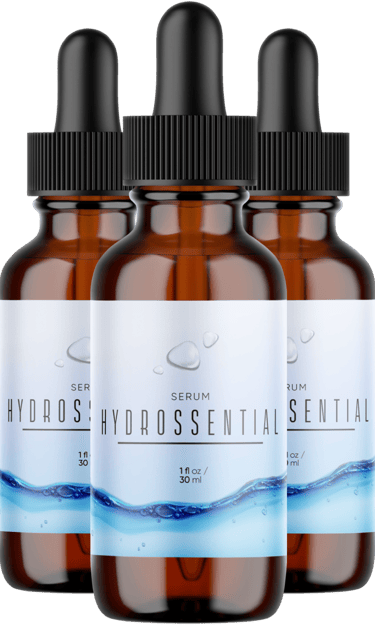 Three amber glass dropper bottles of Hydrossential facial serum for skincare.