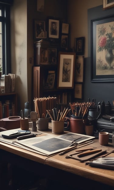 A cozy wooden table with a terracotta pot holding fresh flowers, surrounded by vintage journals and a brass-accented lamp.