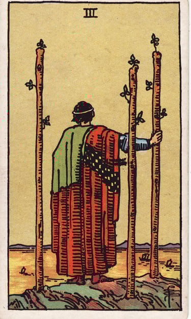 Three of Wands Tarot Card Meaning – Tarot card showing expansion, waiting for results, and long-term