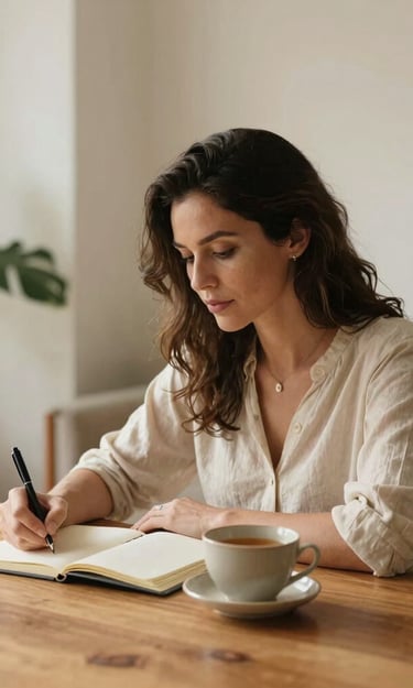 A calm, elegant woman in her late 30s sitting at a warm wooden desk in a sunlit living space in Spain / Latin America. She is writing peacefully in a notebook next to a ceramic cup of tea. Soft natural light, cream-colored walls, slate green indoor plants, editorial aesthetic, serene and grounding atmosphere.