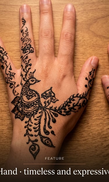 Detailed peacock henna tattoo design on a person's hand over a wooden background.