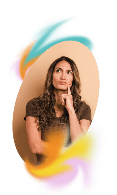 a woman looking quizzical looking to the left with different colored swirls around her.
