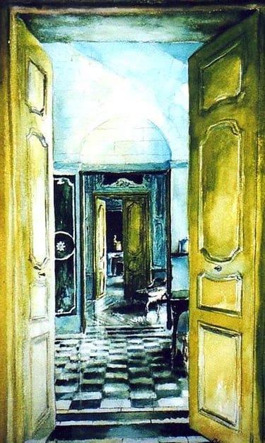 a painting of a hallway 