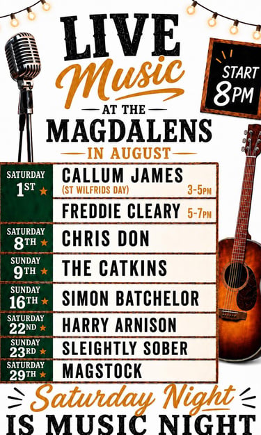 August l2026 ist of live music at the Magdalens Ripoin