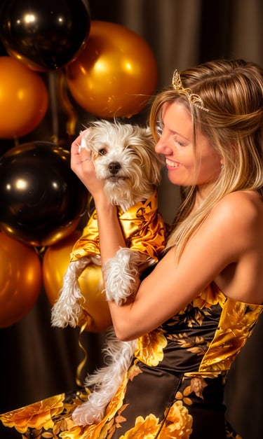 a woman in a dress with a dog in a party