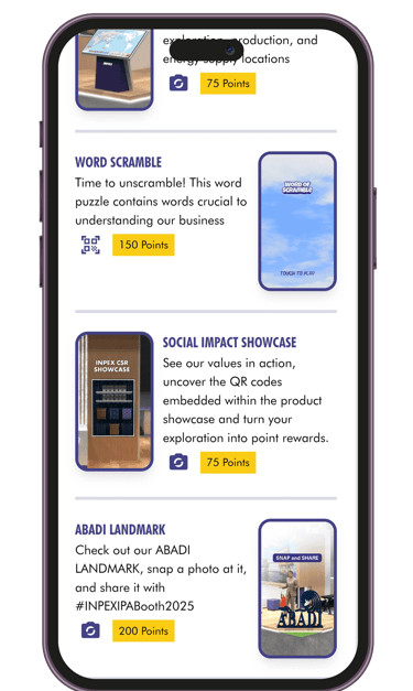 Event gamification app menu screen showing available digital missions and booth activities