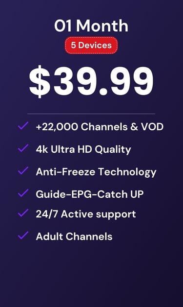 drogon tv-drogontv plan for 1 month and 5 devices featuring 22,000 channels and 4k Ultra HD quality.