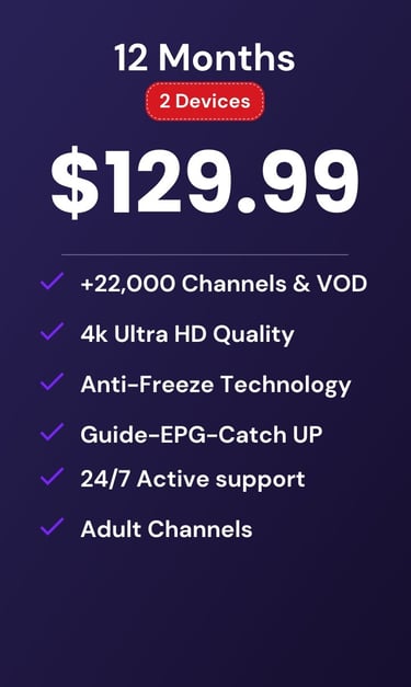 drogon tv-drogontv plan 12 months and 2 devices at $129.99 with 22,000 4K channels and VOD.
