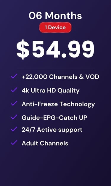 drogon tv subscription plan for 6 months at $54.99 featuring 4k HD quality and 22,000 channels.