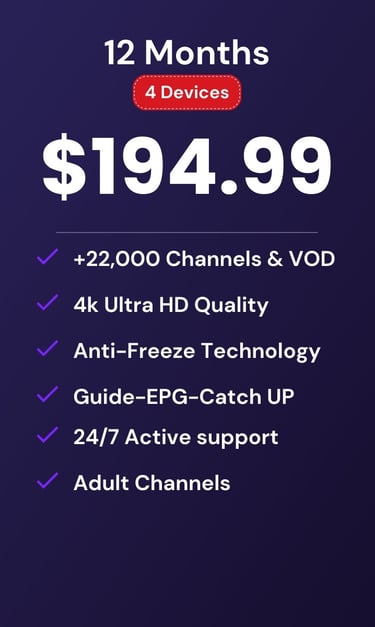drogon tv-drogontv plan for 12 months and 4 devices featuring 4K Ultra HD and 22,000 channels.