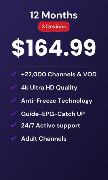 drogon tv plan for 12 months and 3 devices at $164.99 featuring 4K Ultra HD and 22,000 channels.