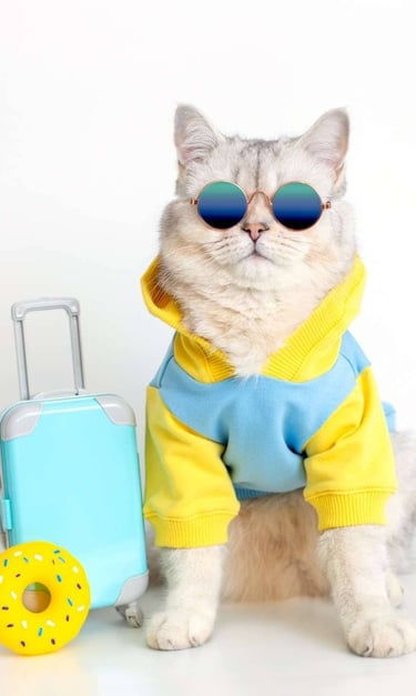 Gato peludo listo para irse de vacaciones con sus gafas de sol y una sudadera