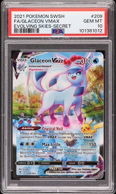 "PSA 10 Glaceon VMAX Pokémon card featuring full-art holographic design and powerful VMAX evolution.