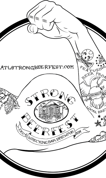Line art logo for Strong Beer Fest featuring a tattooed muscular arm and Wrecking Bar Brewpub event details.
