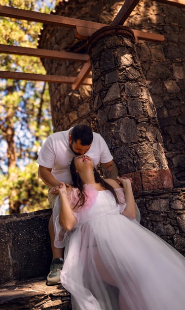 a man and woman in a tulle dress