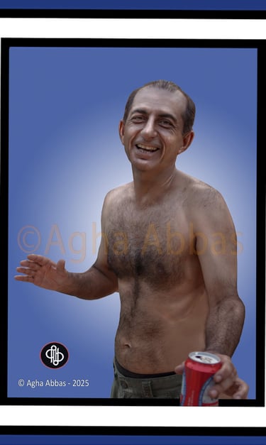 Highly manipulated Photography of a shirtless/topless man in shorts offering, beer.