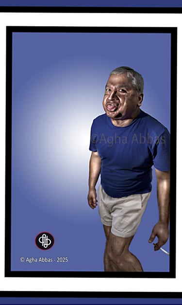 Highly manipulated Photography man in shorts, cigarette in hand, sticking his tongue out. 