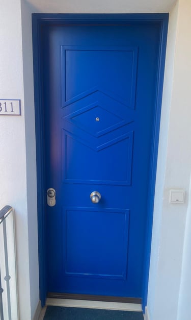 a blue door with a blue door and a white door