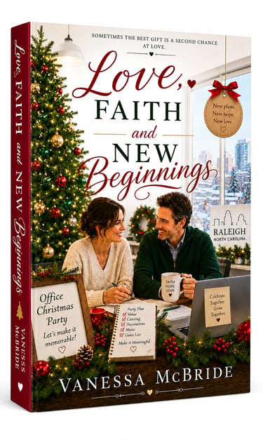 Love, Faith and New Beginnings Christmas romance novel cover featuring a couple planning a party by a tree.