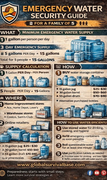 emergency water security guide family survival water storage and usage infographic