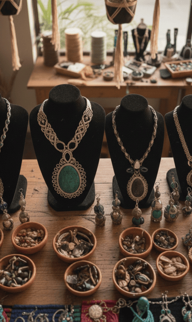 Collares boho hechos a mano sobre bustos negros y joyería de piedras naturales en pequeños cuencos