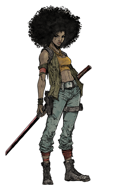 A Black woman in a yellow tube top and green vest with a katana at their waist