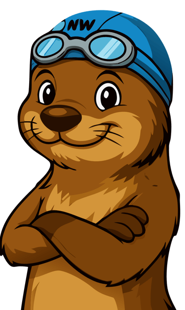 De vrolijke otter mascotte van NextWave zwemschool in Liedekerke met zwembril en badmuts.