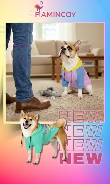 a dog wearing a colorful sweater and a dog wearing a sweater