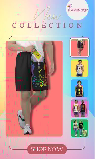 a man in a white shirt and shorts with a gay couple kissing graphic