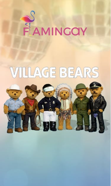 a group of teddy bears with a banner that says village bears