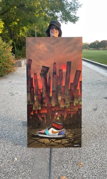 une peinture sombre avec une chaussure nike et une ville post apocalyptique 