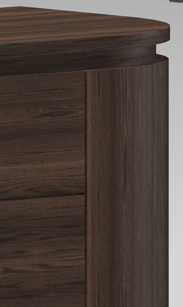 Close-up of a modern dark walnut wood cabinet with curved edges and a smooth grain finish.