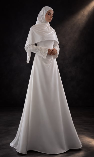 Modest wedding gown couture en satin silk ivoire avec corsage structuré