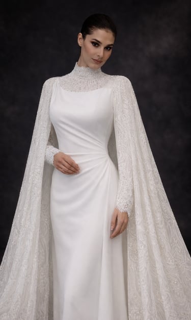 Modest hijabi bridal gown en satin silk ivoire avec manches longues ajustées dentelle perlée beading