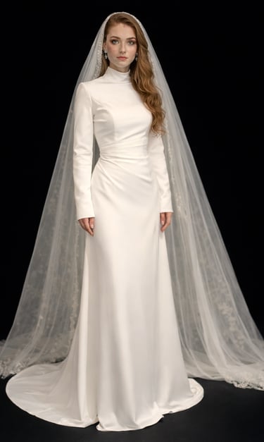 Robe de mariée voilée en satin silk ivoire avec jupe évasée et taille cintrée
