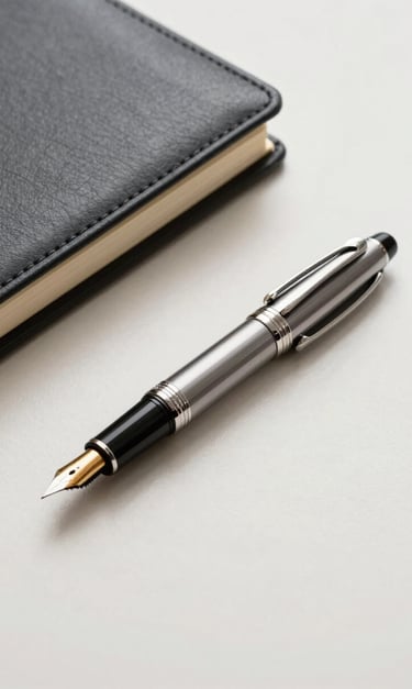 A high-end fountain pen on a crisp off-white desk next to a dark slate grey leather notebook with professional corporate lighting.