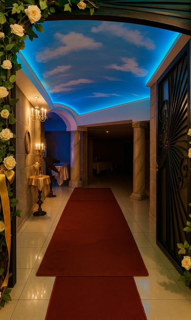 Pasillo elegante de Magic Party con techo iluminado tipo cielo, alfombra roja y decoración floral.