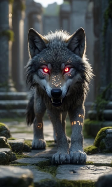Gray wolf with glowing red eyes and rune markings