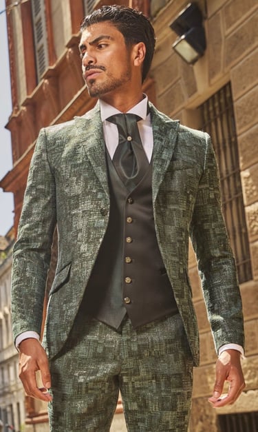 Dany Peña international male model in luxury menswear suit in Milan Italy