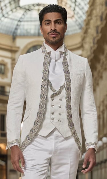 Dany Peña international model in white luxury menswear suit in Milan Italy