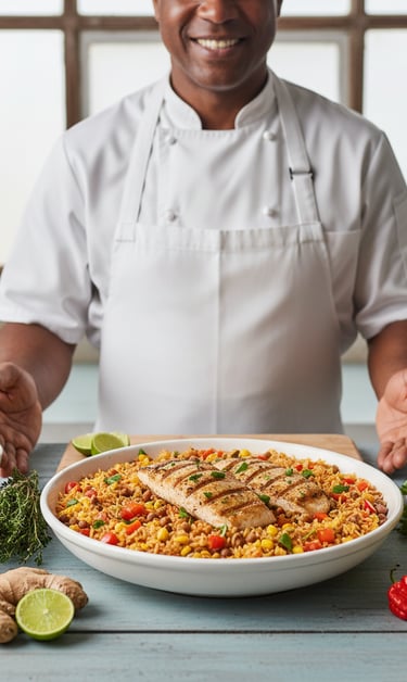 a chef in a white shirt and a bowl of food
