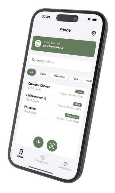ReFridge app showing food inventory with expiration dates