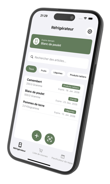 Aplicación ReFridge mostrando el inventario de alimentos con fechas de caducidad