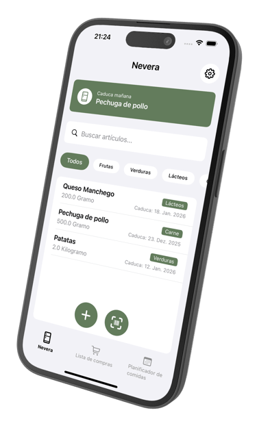 Aplicación ReFridge mostrando el inventario de alimentos con fechas de caducidad
