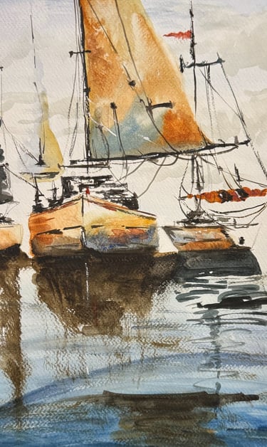 a painting of a group of sailboats in the water