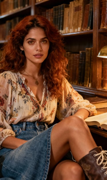 Ophelia Summers author photo featuring woman with wavy brown hair wearing vintage leather jacket and